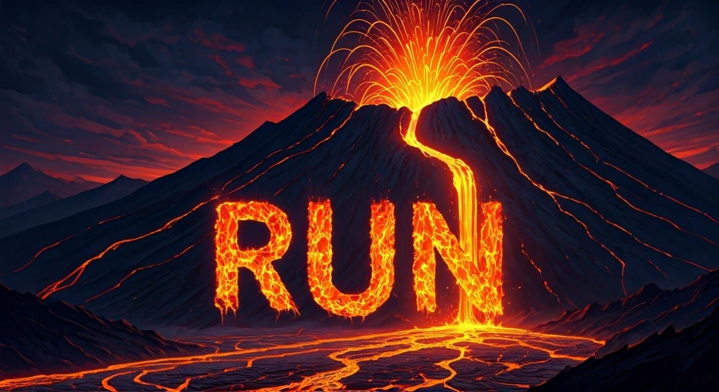 Erupting Volcano with Fiery Lava Spelling RUN