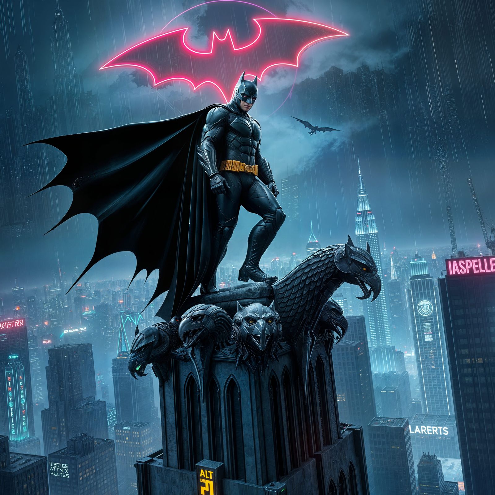 Cyberpunk Batman in Metallic Exosuit Stands atop Gargoyle in...
