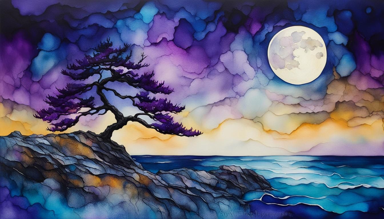 Mystical Moonlit Coastline in Alcohol Ink Style