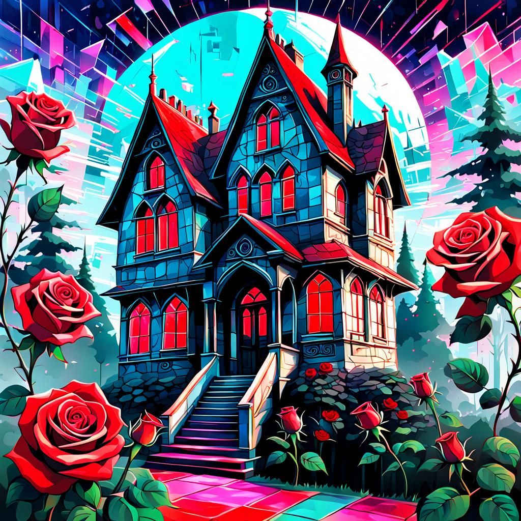 Gothic House with Red Roses in Vaporwave Style
