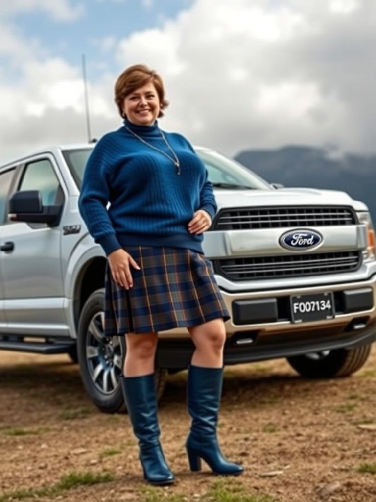 Elegant Woman with Ford Truck in Watercolor