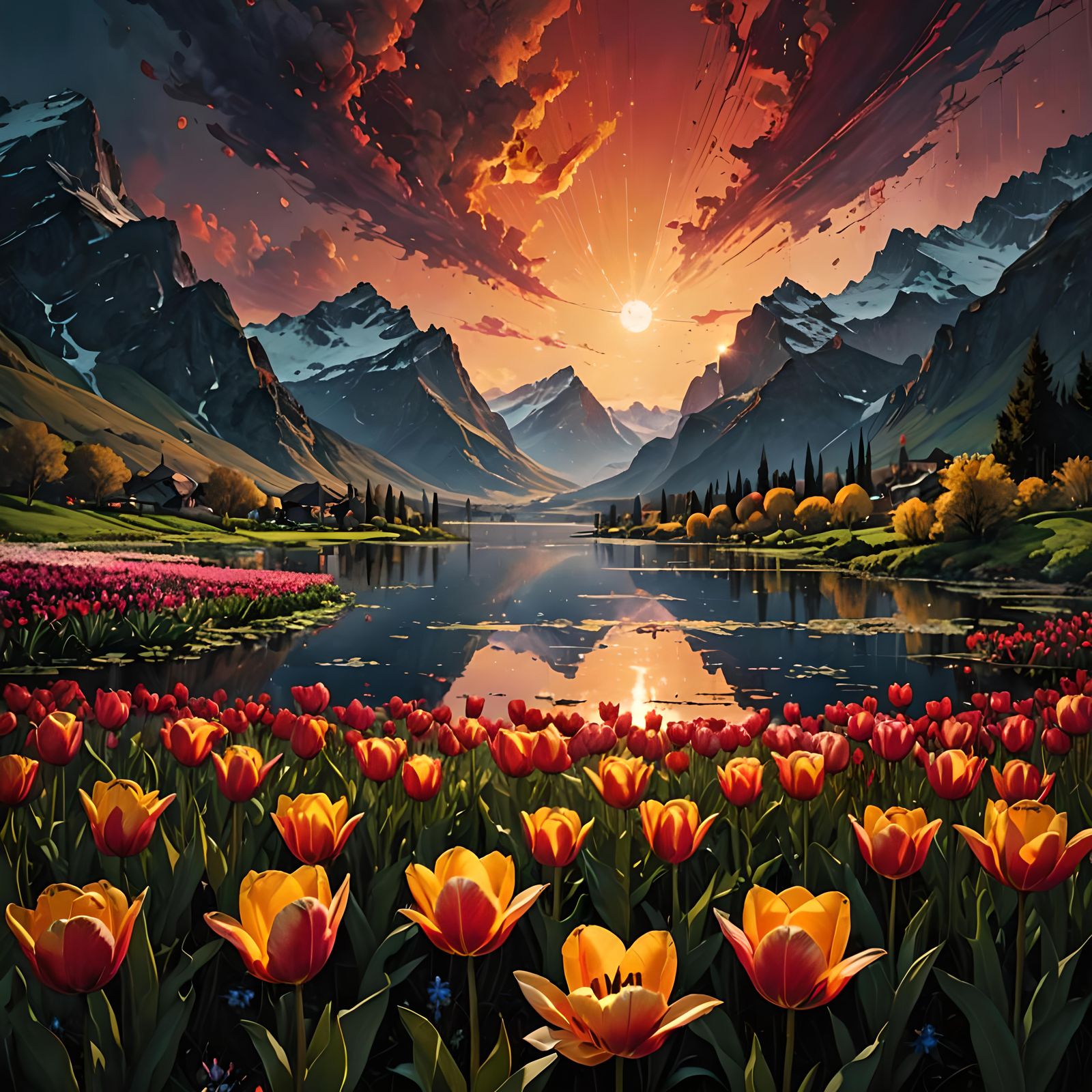 Luminescent Tulips at Sunset: A Detailed Matte Painting