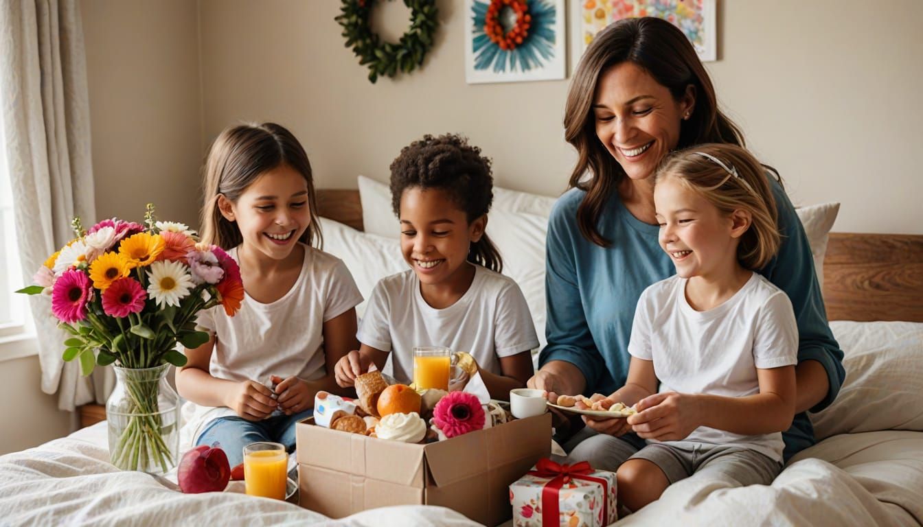 Mother's Day Breakfast in Bed with Children