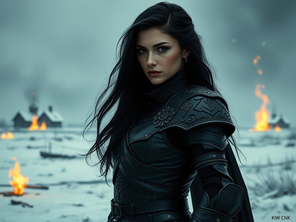 Elegant Gothic Warrior in Snowy Ruins