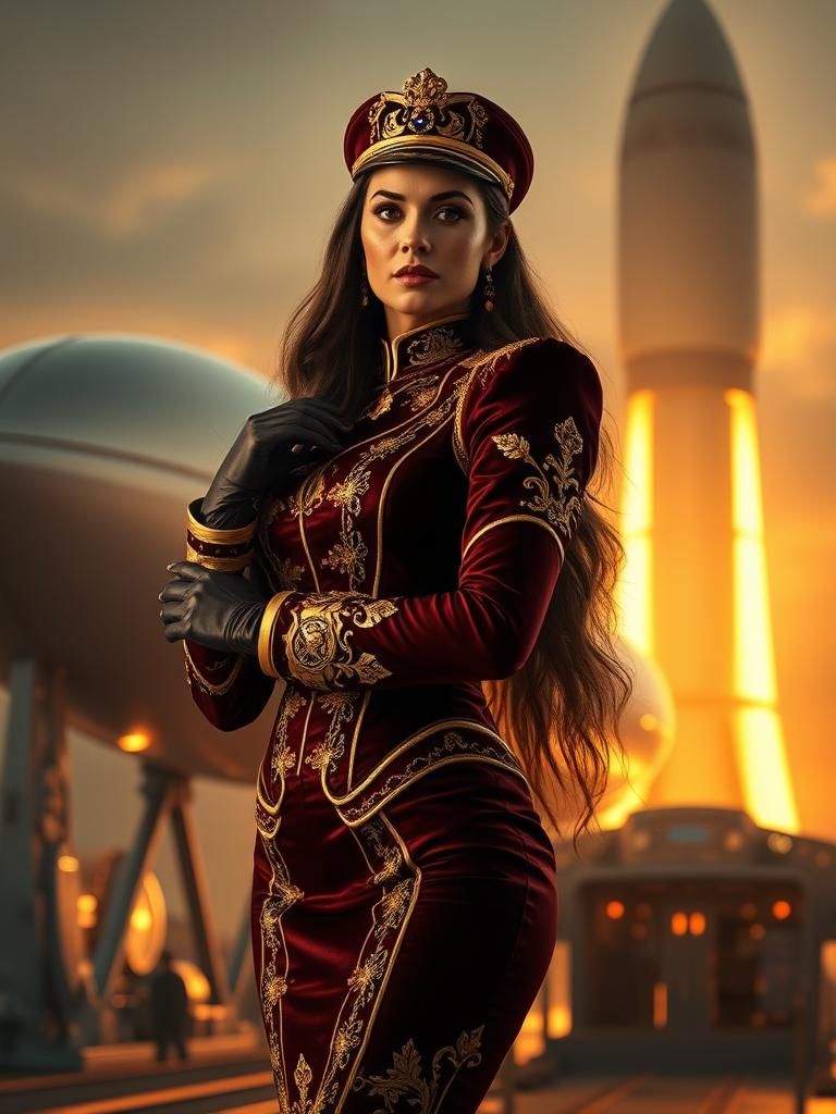 Female Space Captain in Baroque Uniform Before Rocket