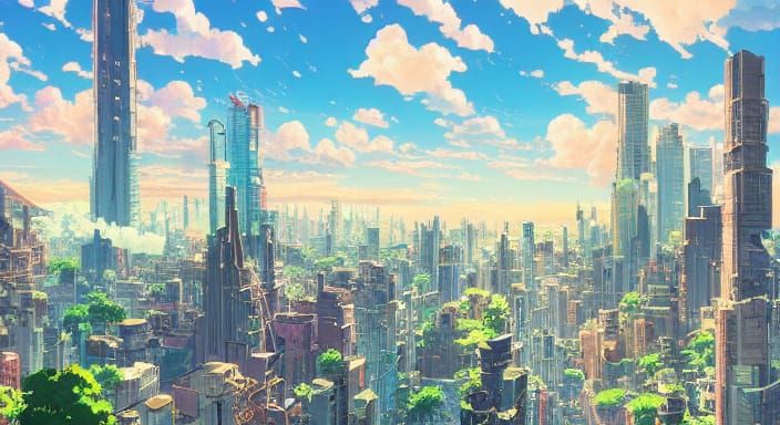 Floating City Among Clouds in Anime Key Visual Style