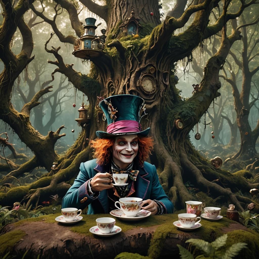Mad Hatter with Teacup in Detailed Forest Art