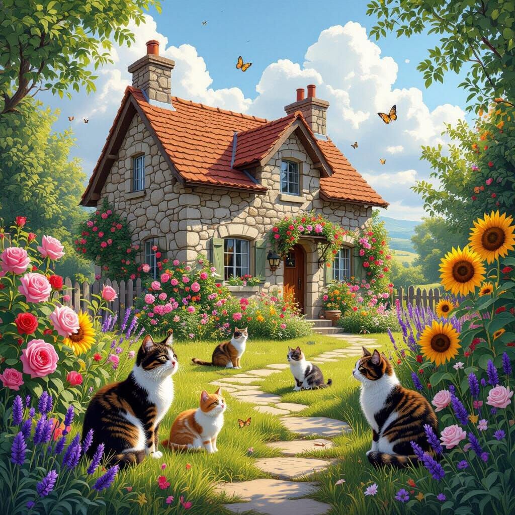 Charming Cottage Garden with Cats: Hyperrealistic Digital Ar...