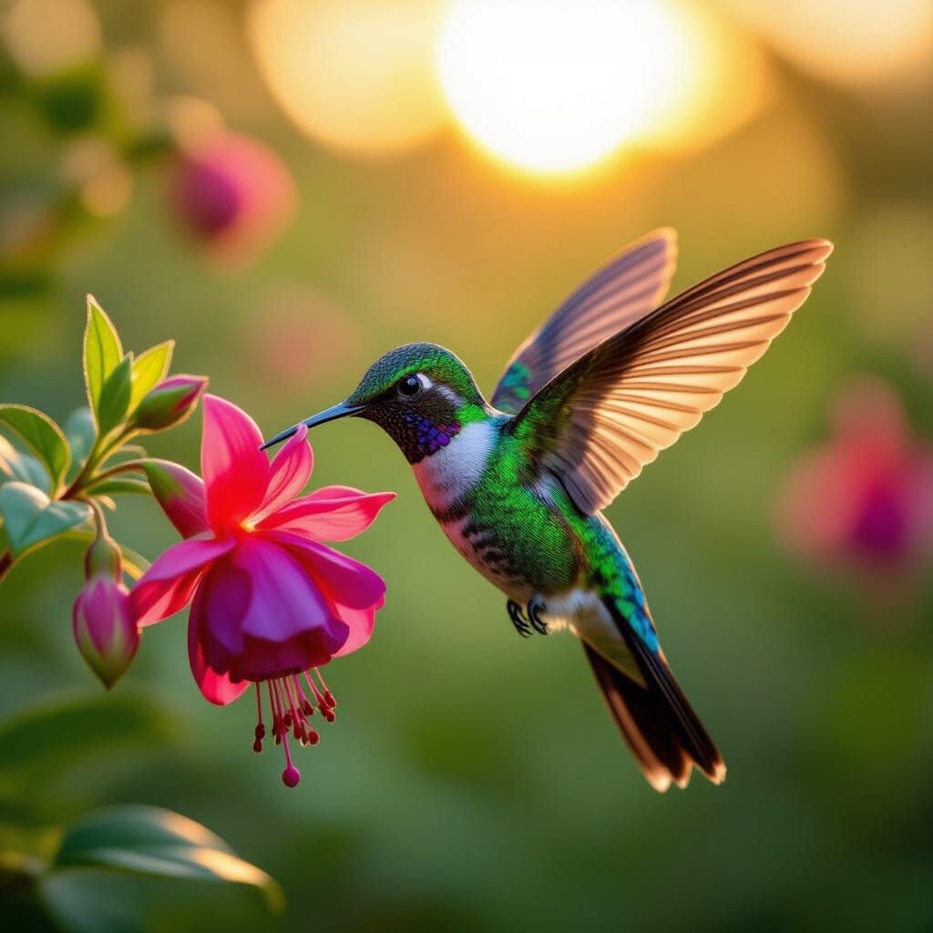 Jewel-Toned Hummingbird Sips Nectar from Fuchsia