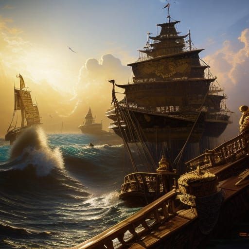 Pirate Ship Hideout on the Ocean, Digital Painting