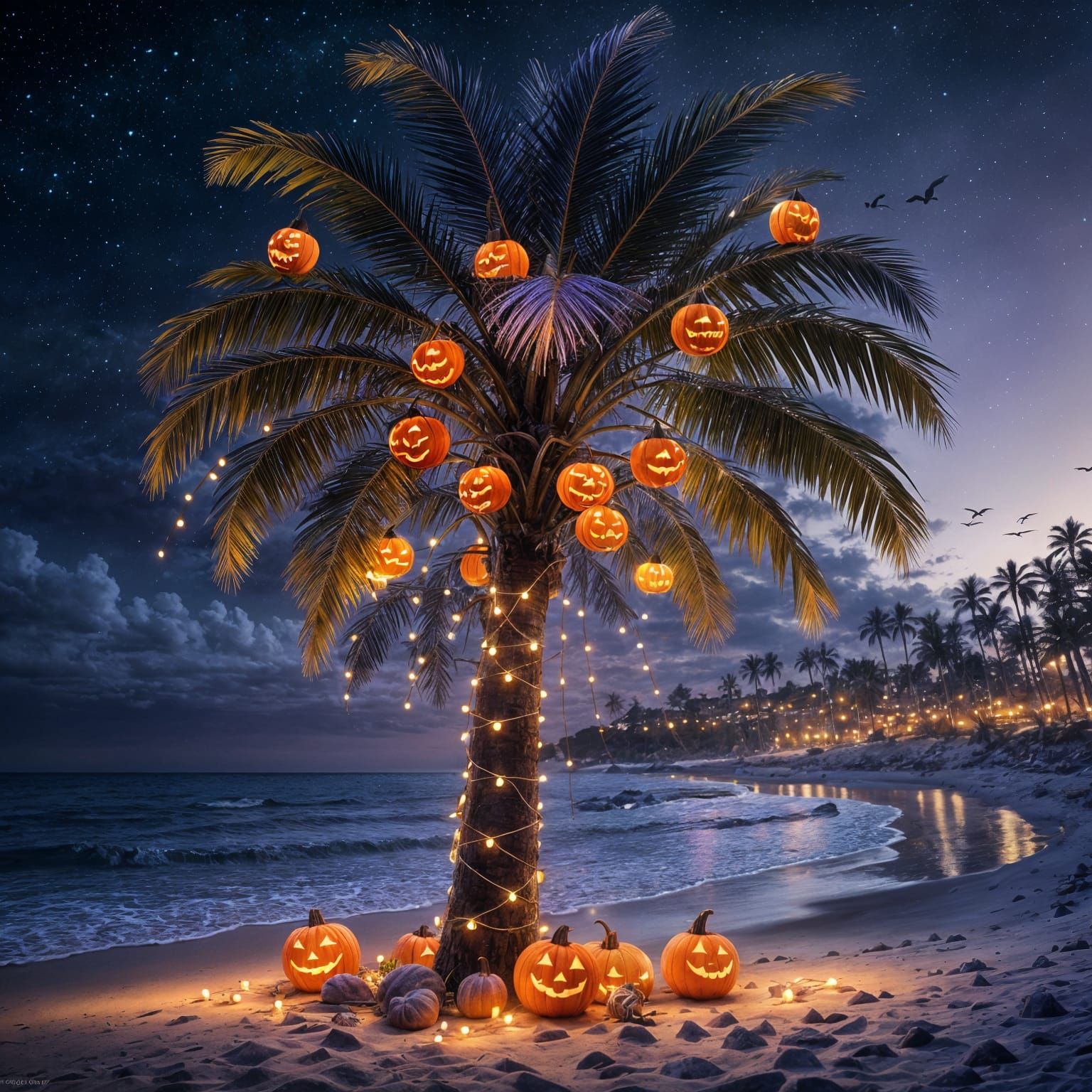 Halloween Palm Tree on Beach at Night