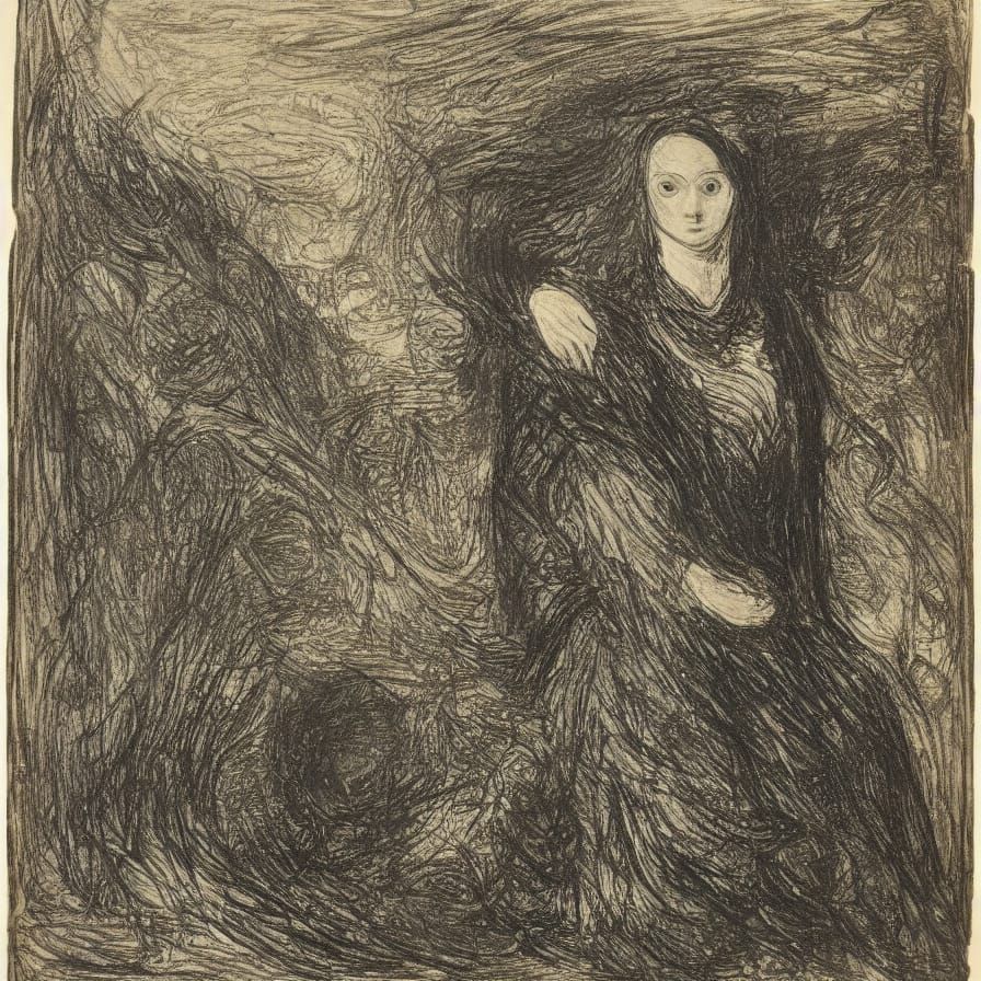 Eerie Portrait of Mysterious Woman in Dark, Symbolist Style