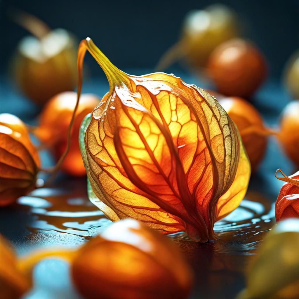 Hyperrealistic Physalis Splash Art: Detailed Color Depth