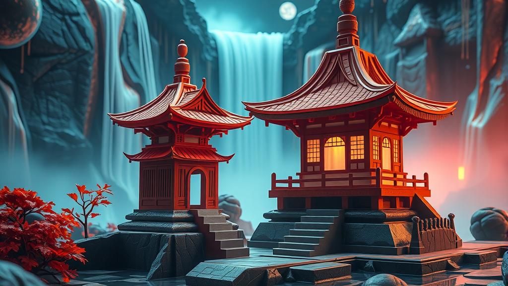 Origami Japanese Temple with Surreal Waterfall Background