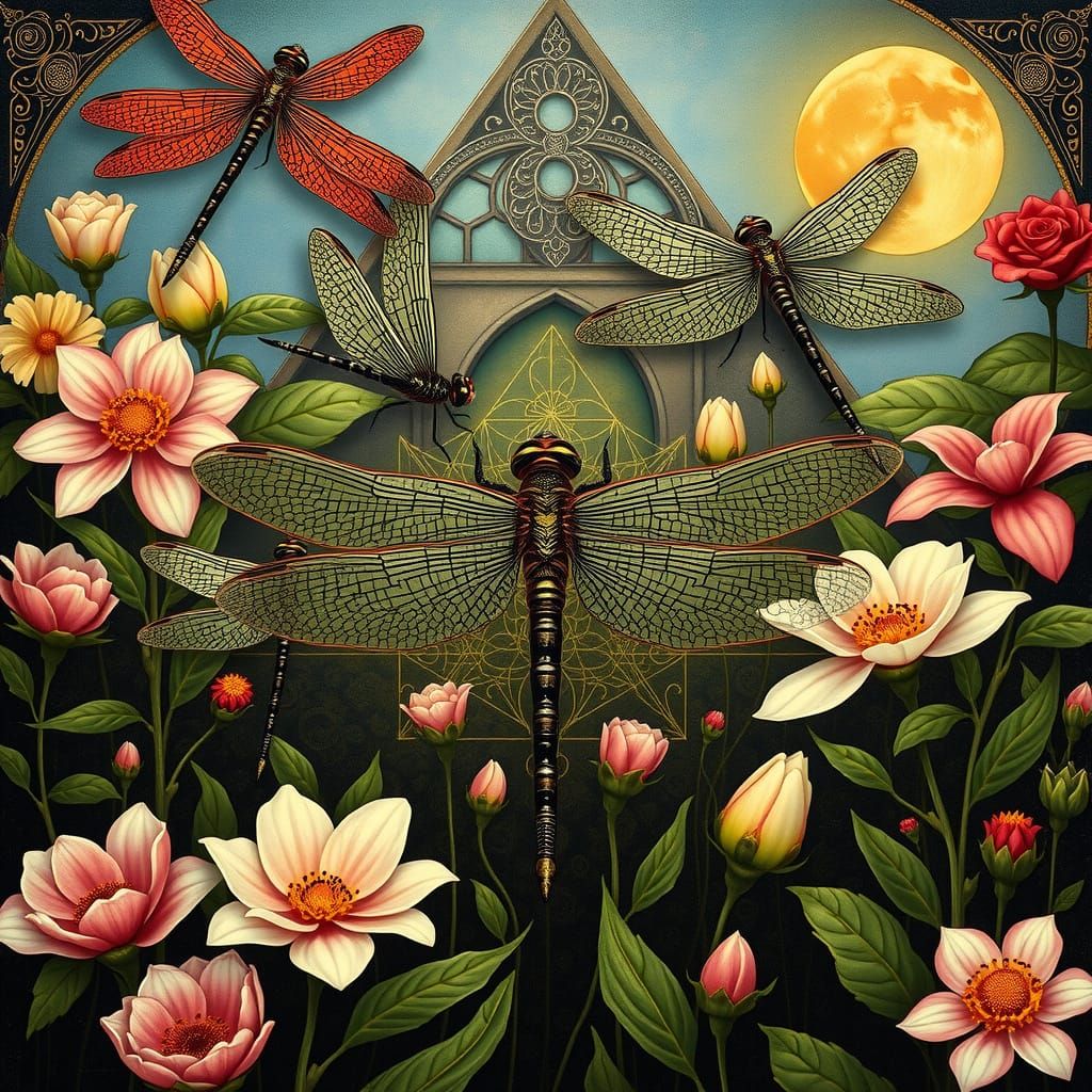 Gothic Dragonflies in Opulent Blooming Garden