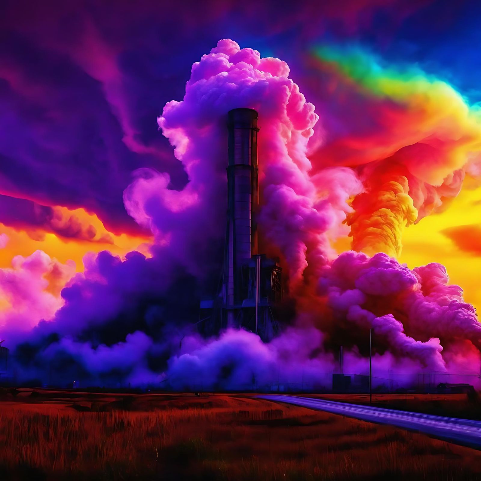Psychedelic Coal Plant with Colorful Smoke Plumes