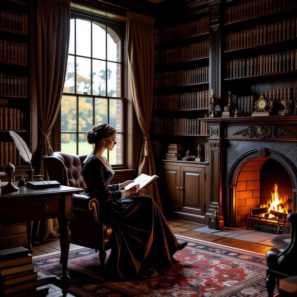 Woman in Rustic Library, Vermeer Style