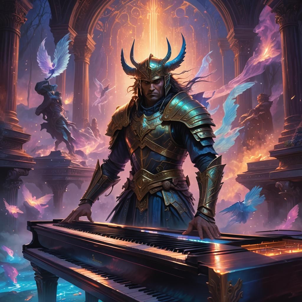 Warrior Plays Floating Piano in a Magical Realm