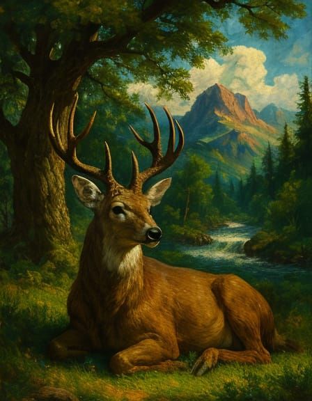 Hyper-Realistic Deer in Fauvist Forest Landscape