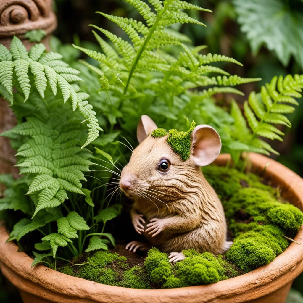 Hyperrealistic Flowerpot with Mouse as Oil Painting