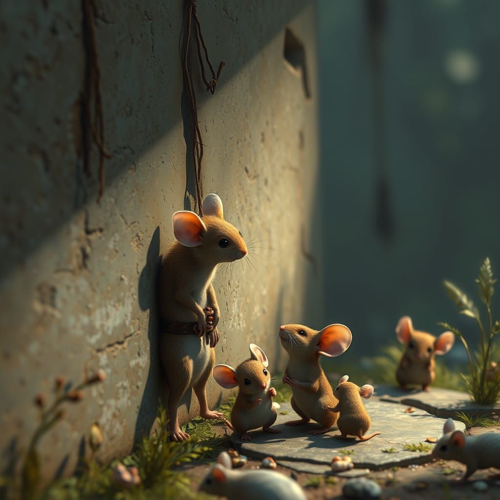 Shy Mouse Watching Friends: Detailed Matte Painting