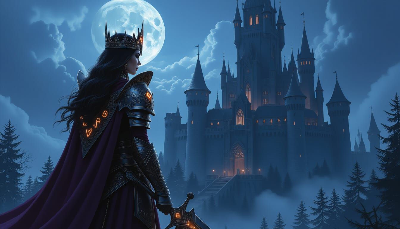 Dark Fantasy Queen on Castle Tower in Realistic Matte Painti...