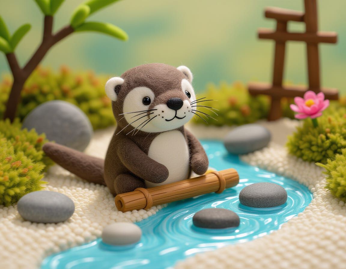 Adorable Felted Otter in Kawaii Japanese Setting