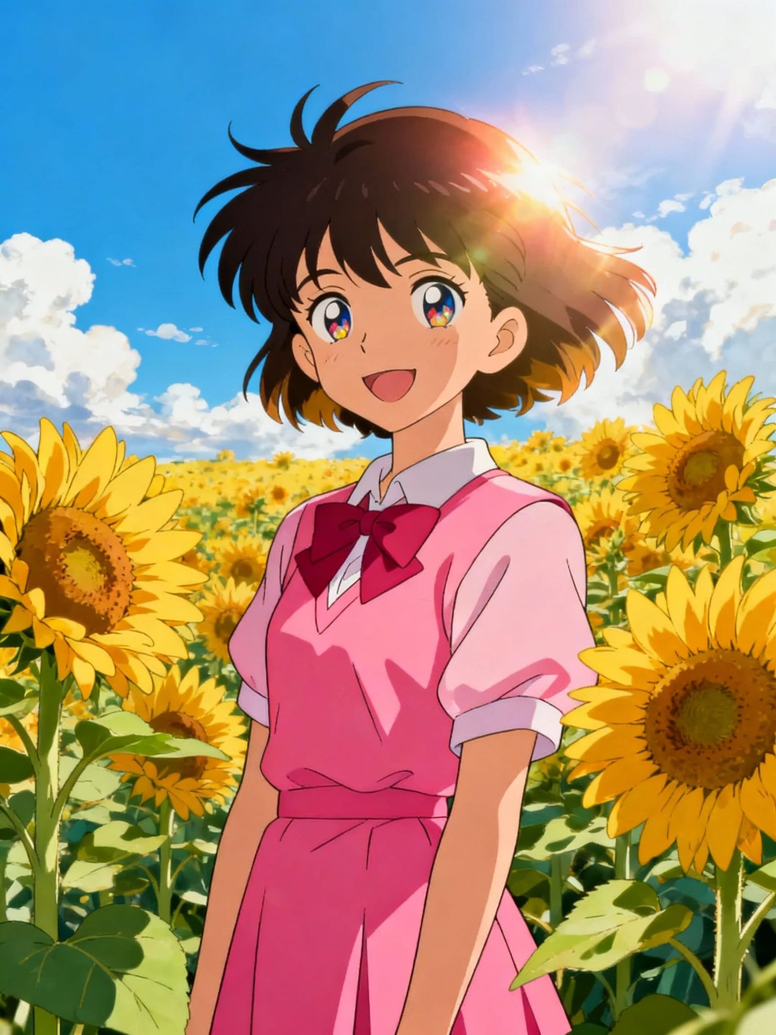 Anime Girl in Sunflower Field with Halo Effect