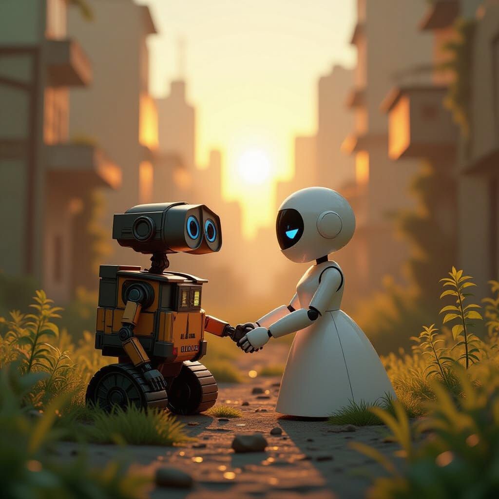 Wall-E and EVE Holding Hands in a Lush Cityscape