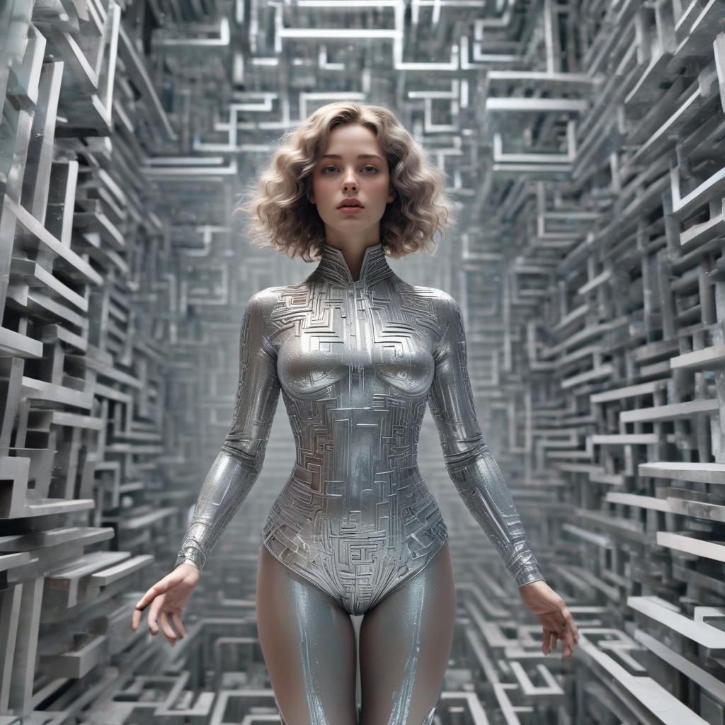 Android Woman in Holographic Digital Maze