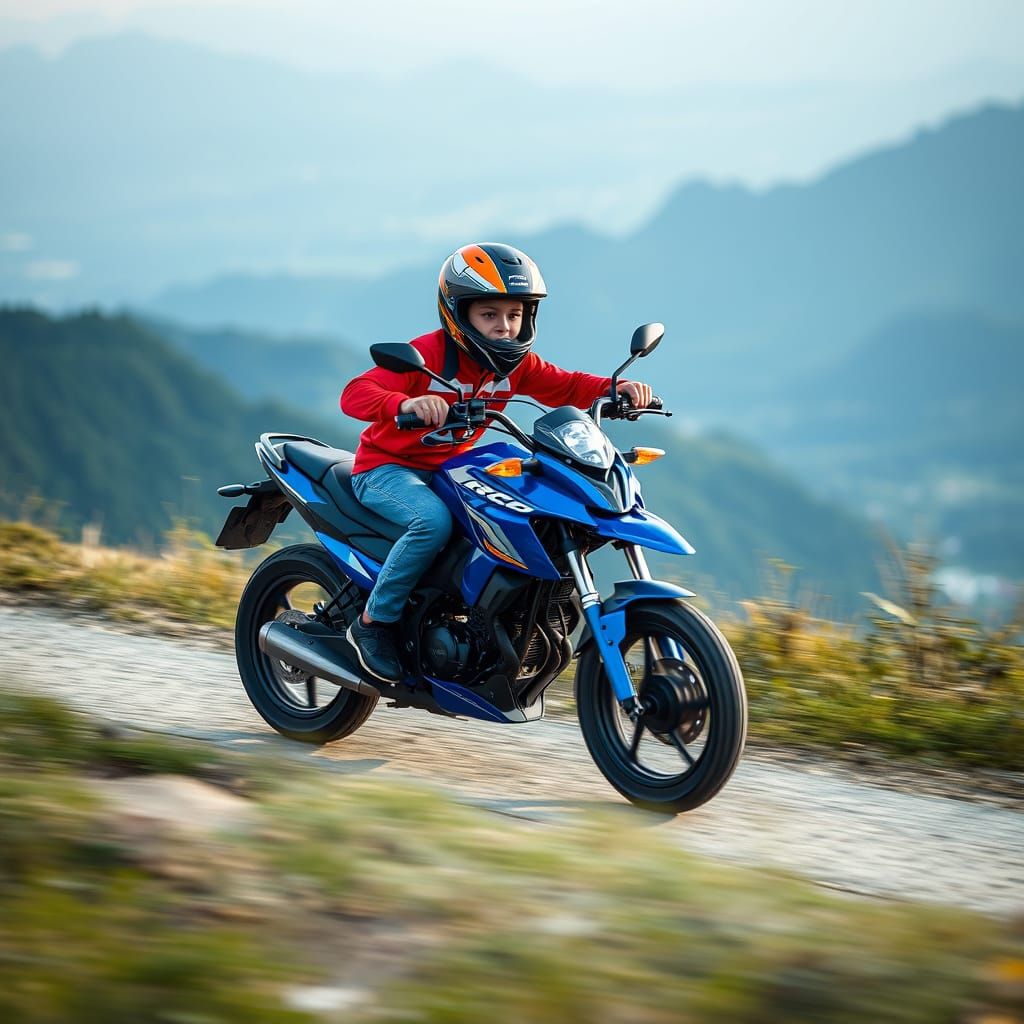 Boy Speeds Down Mountain on Blue Bicycle