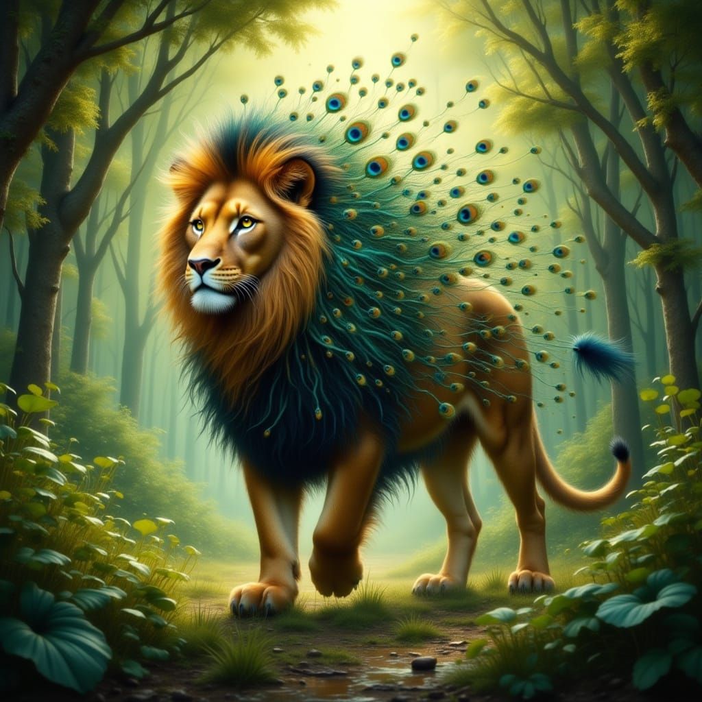 Majestic Lion With Peacock Feather Mane in Enchanted Jungle