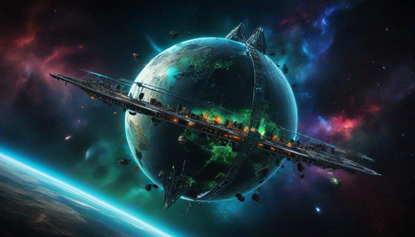 Globe-Shaped Starship Surrounded by Celestial Wonders in Vib...