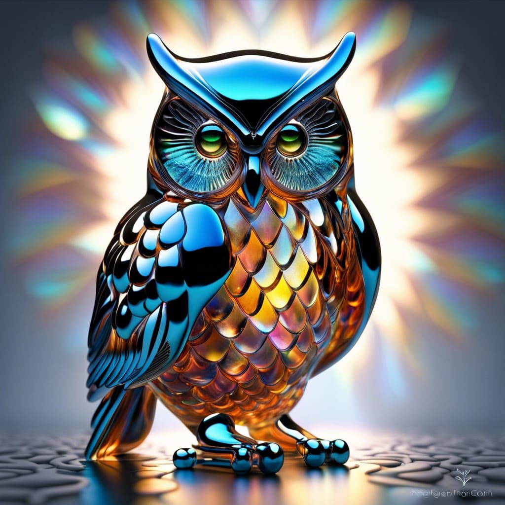 Blown Glass Owl Sculpture with Broken Glass Effect