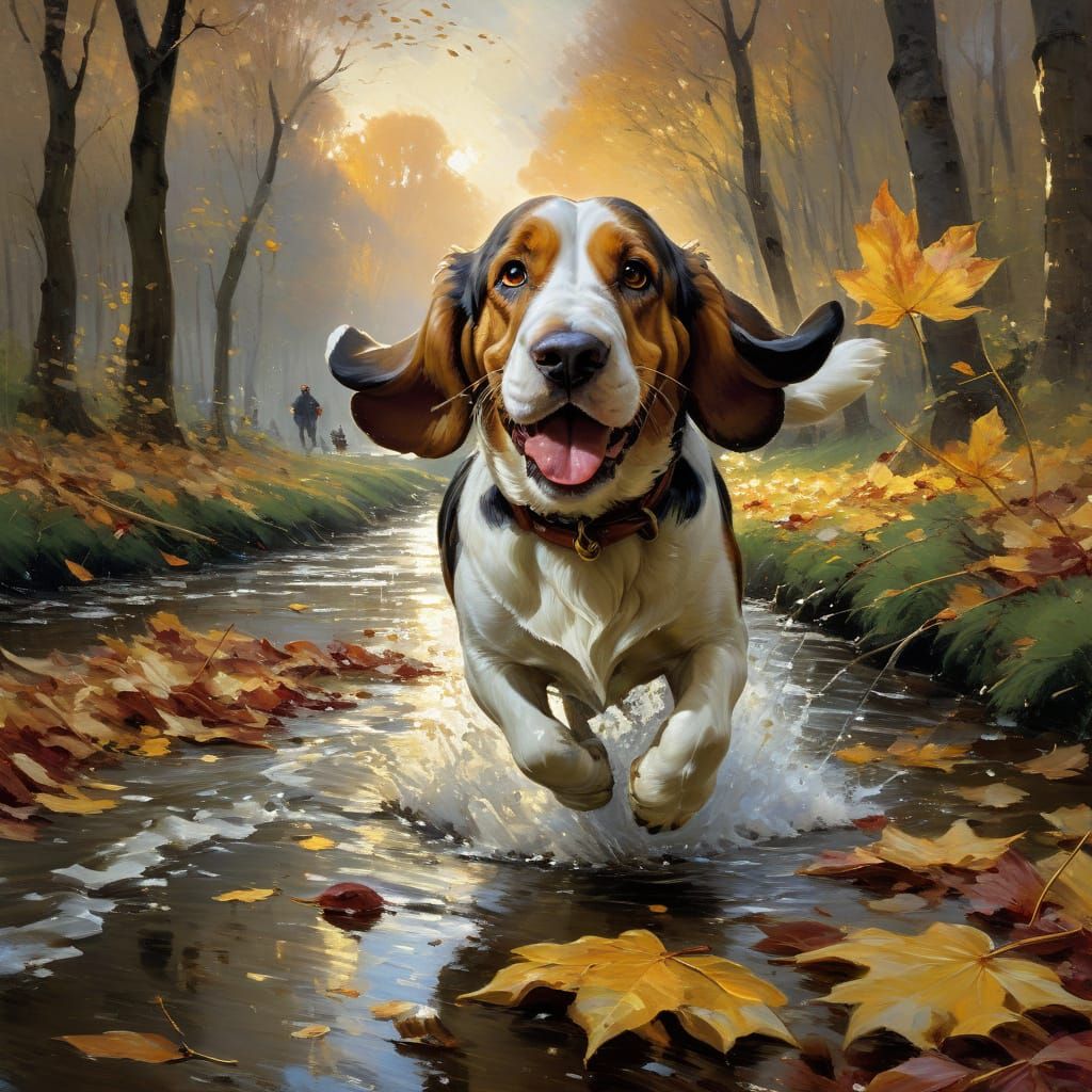 Fluffy Basset Hound Runs Through Autumn Leaves