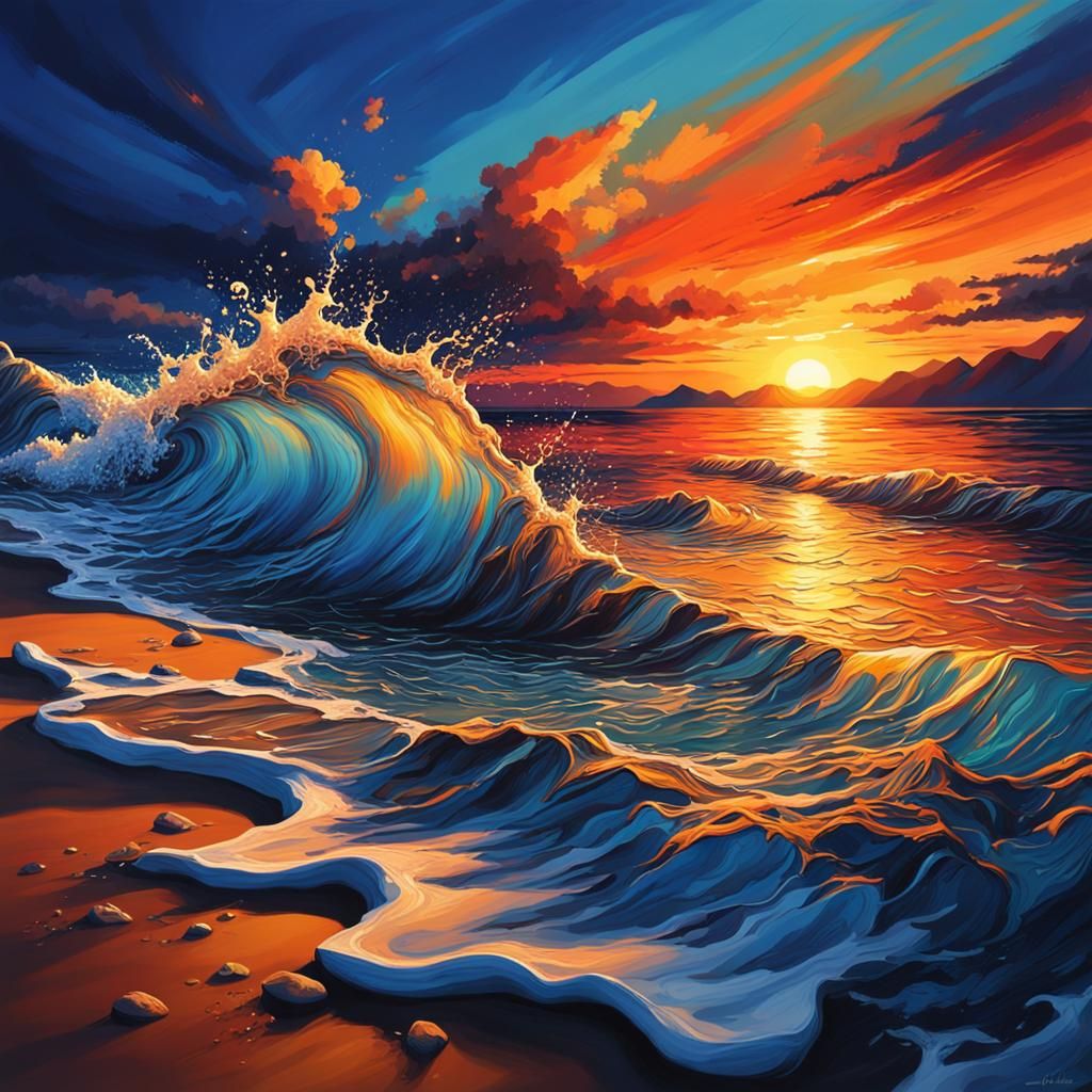 Sunset Beach with Deep Blue Waters, Hyperrealistic Splash Ar...