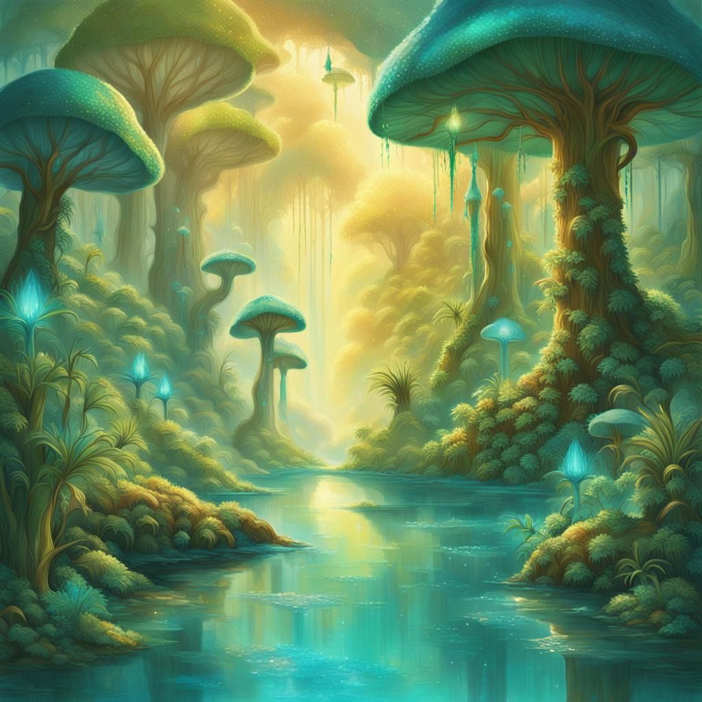 Lush Fairy Tale Oasis with Glittering Dryad