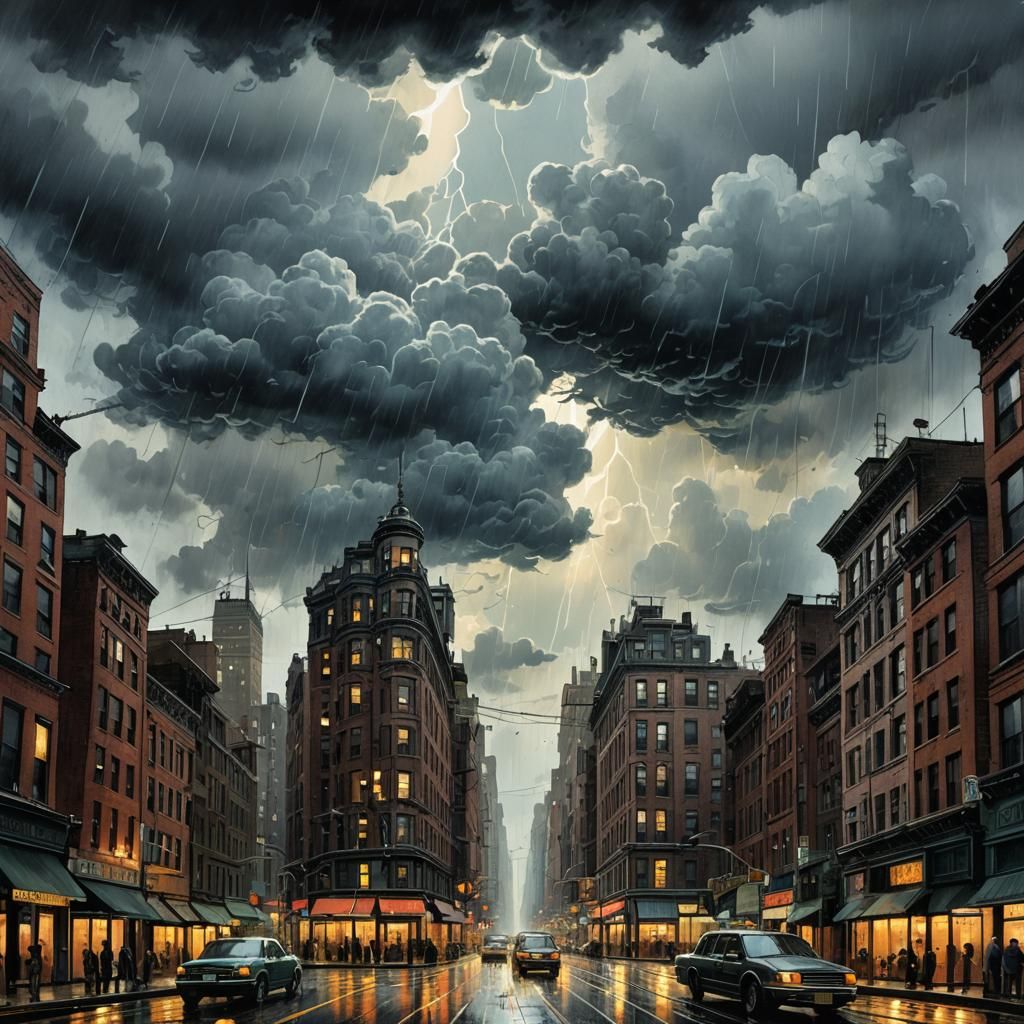 1920s New York Rainy Day Watercolor Illustration