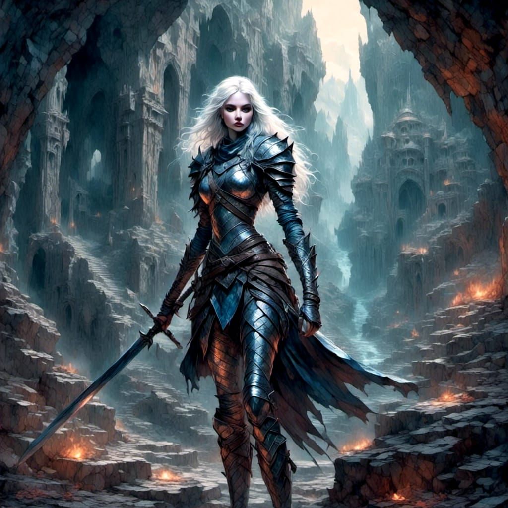 Drow Warrior in Cavern with Curved Sword