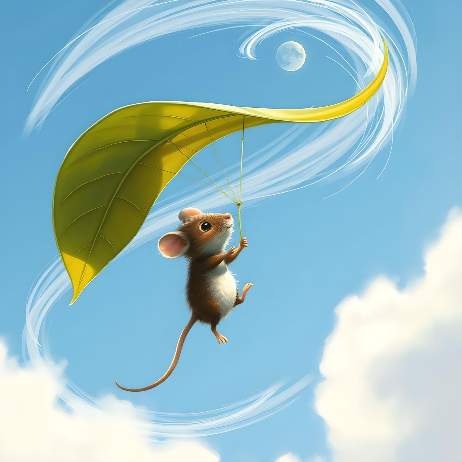 Mouse Paragliding on Leaf in Whimsical Style