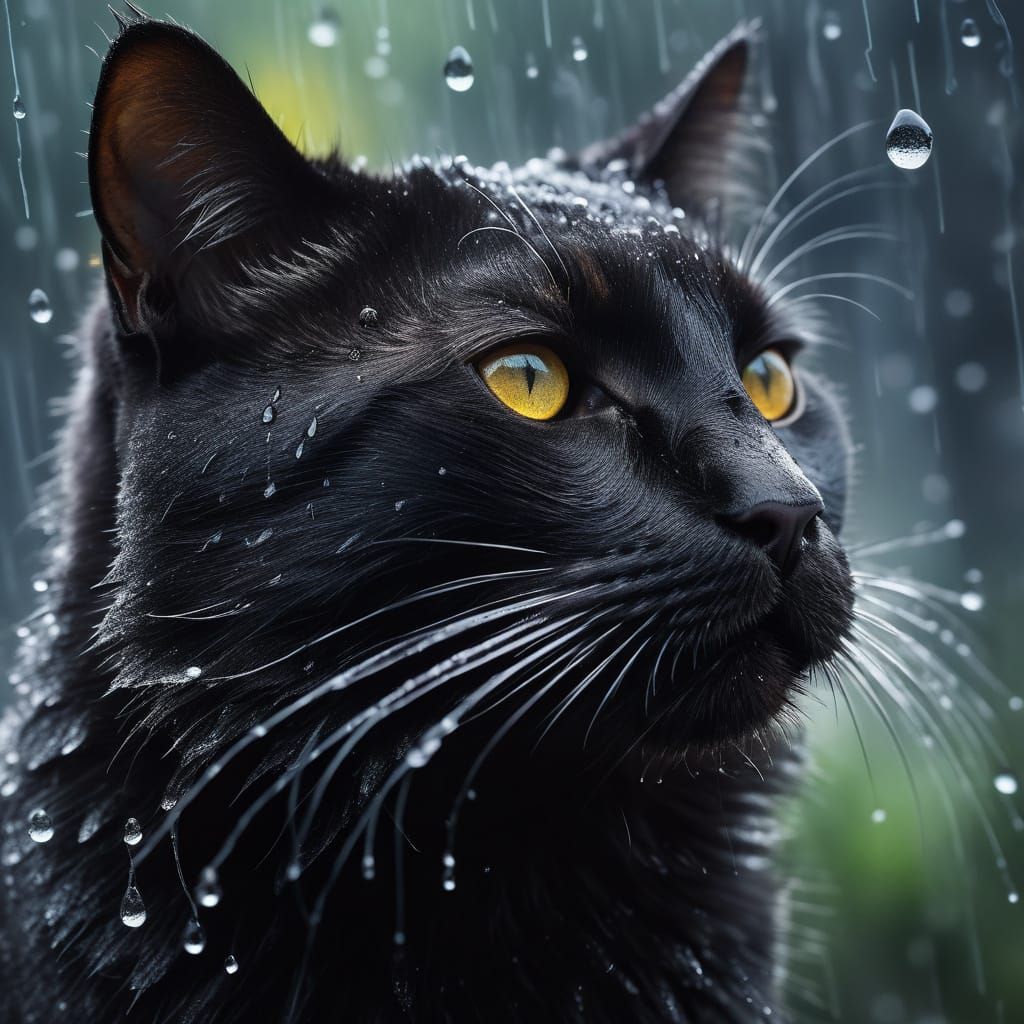 Black Cat Shakes Off Rain in Hyper-Realistic Macro