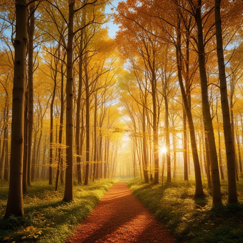 Klimt-Style Forest with Crystal Leaves and Rainbow Light