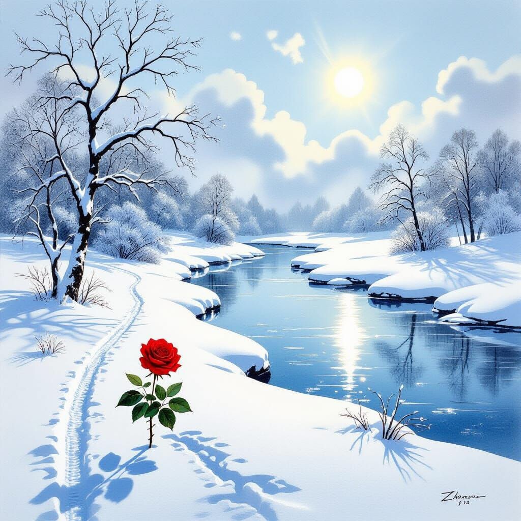 Surreal Ink Painting of Winter Landscape with Blooming Rose