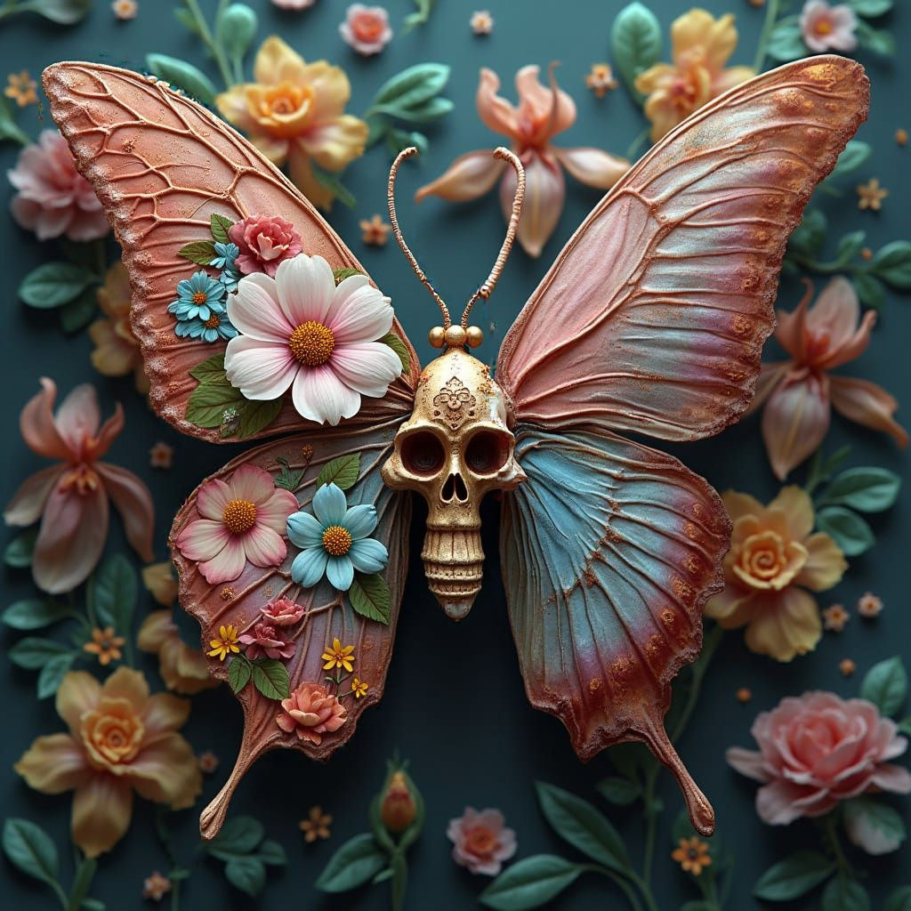 Surreal 3D Butterfly Skull Blooms with Exotic Floral Pattern...