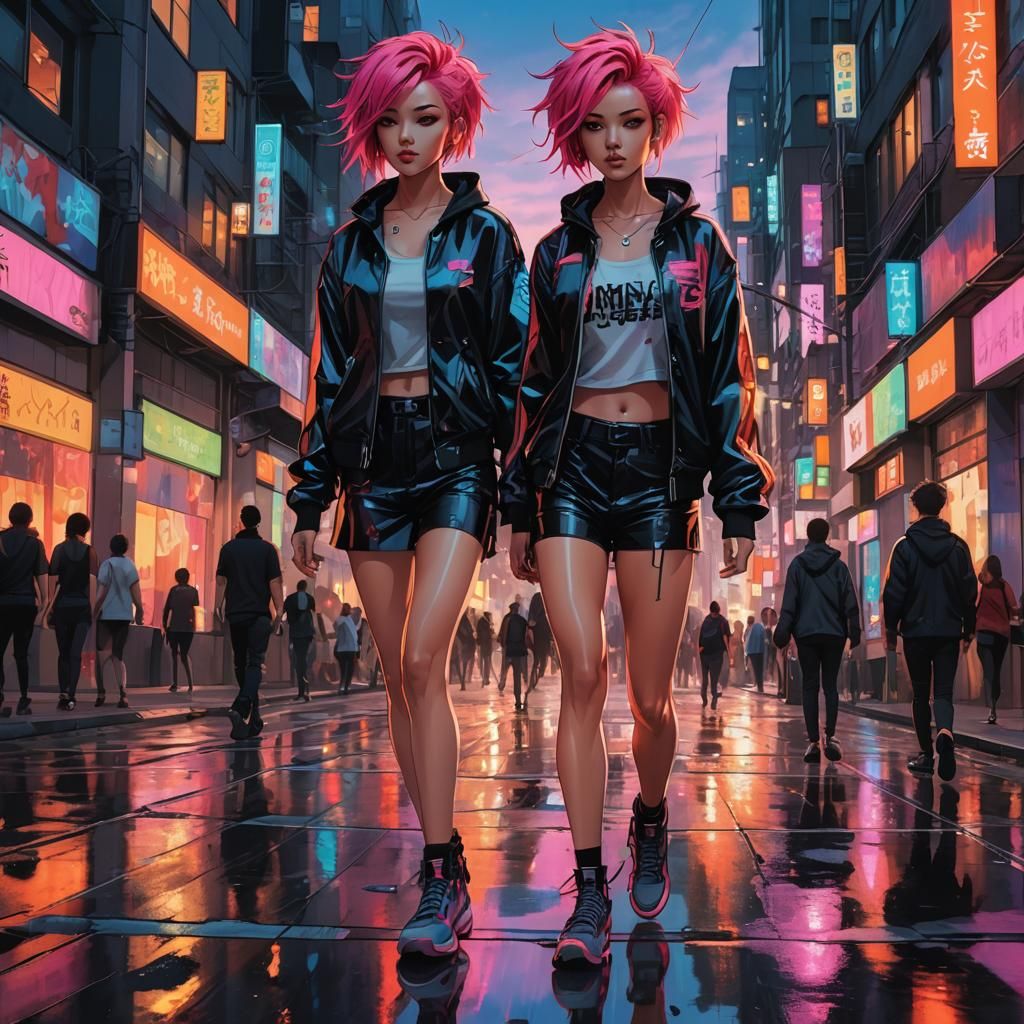 Woman in Cyberpunk Style Cityscape at Dusk