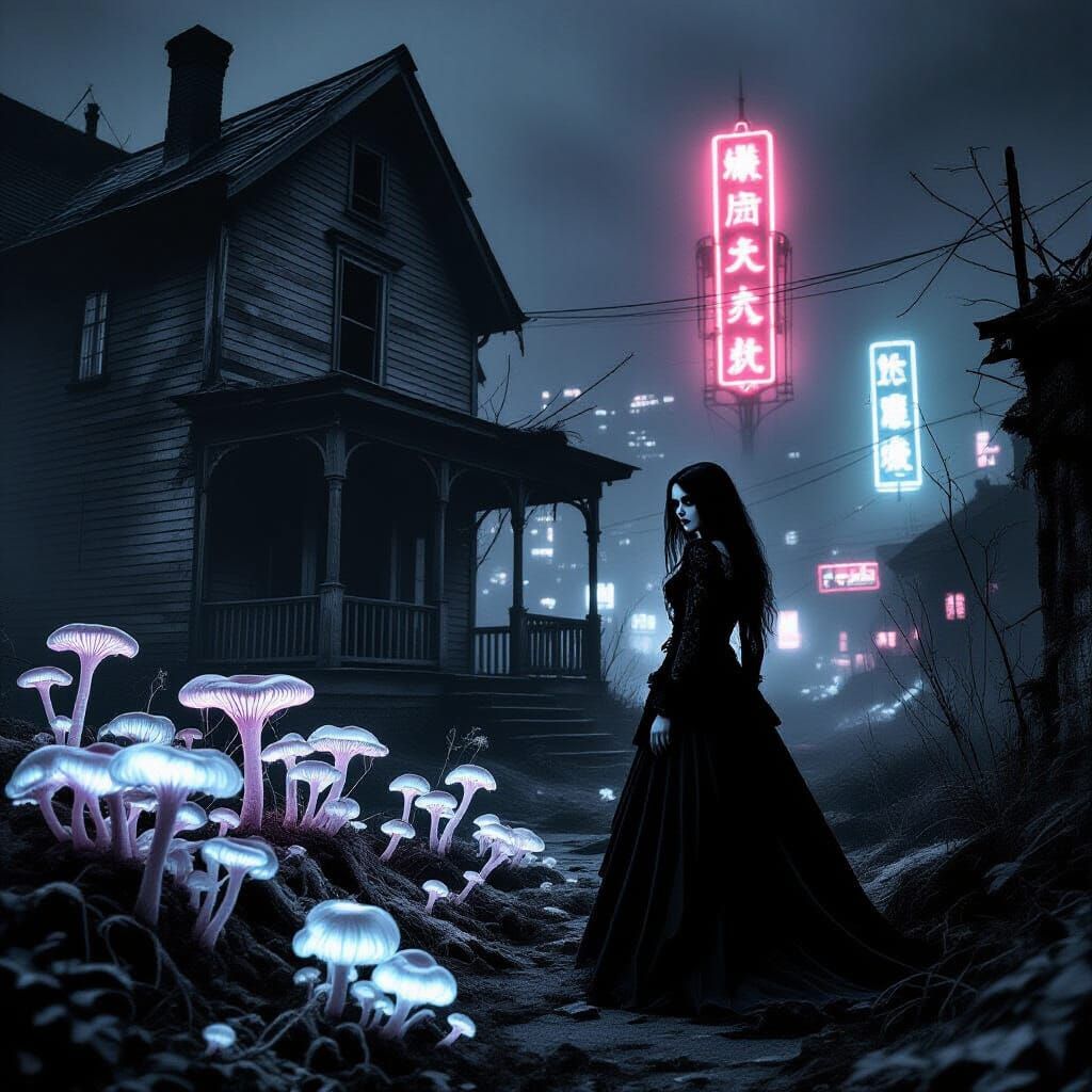 Goth Model in Decaying House with Bioluminescent Fungi