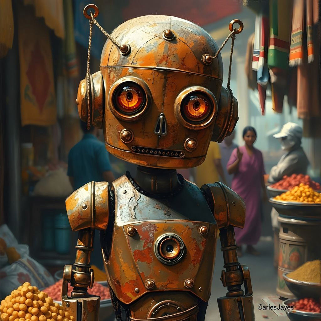 Robot in Traditional Bangladeshi Attire Painted in Oil