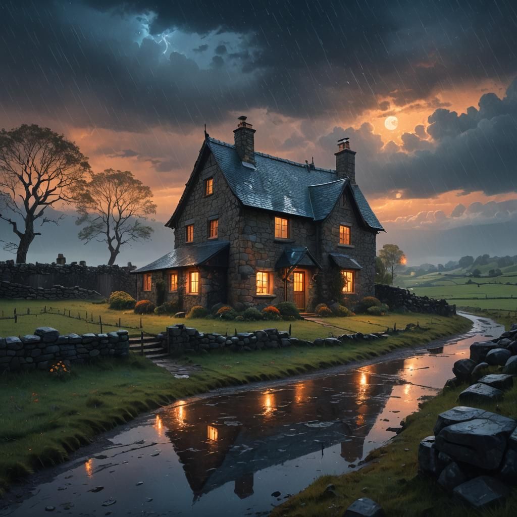 Rainy Night Cottage: Detailed Fantasy Matte Painting