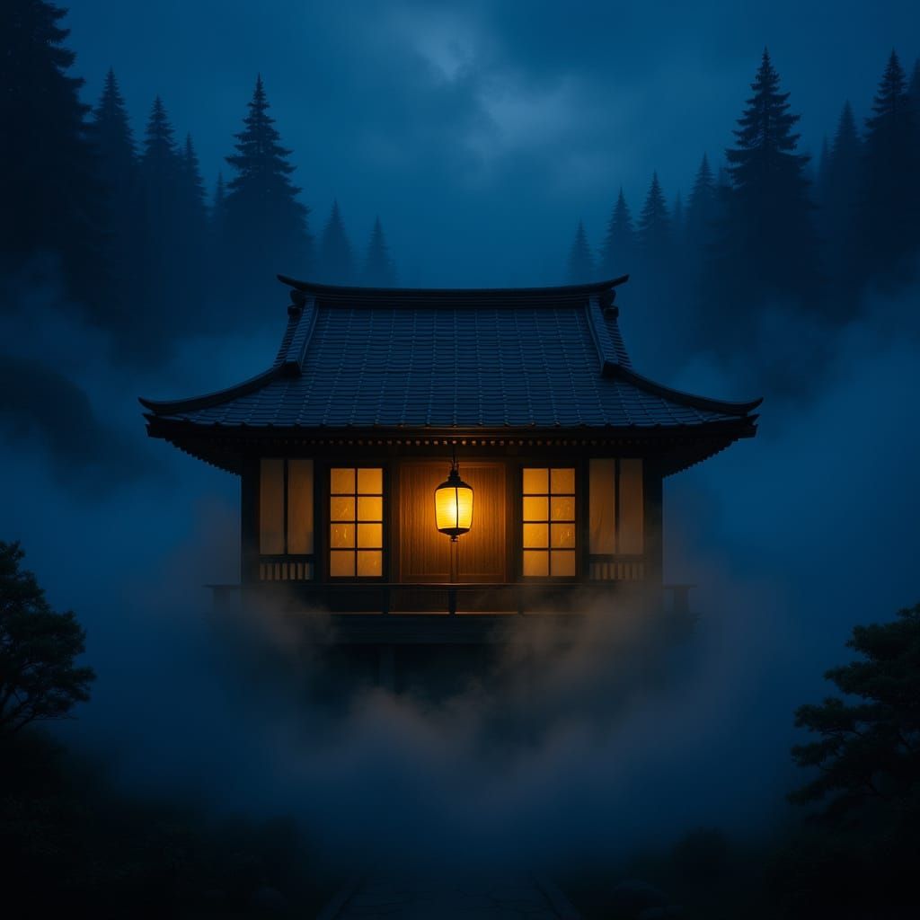 Japanese Tea House Floating in Mountain Fog