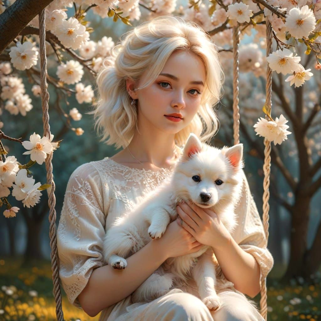Delicate Japanese Spitz Puppy in Golden Hour